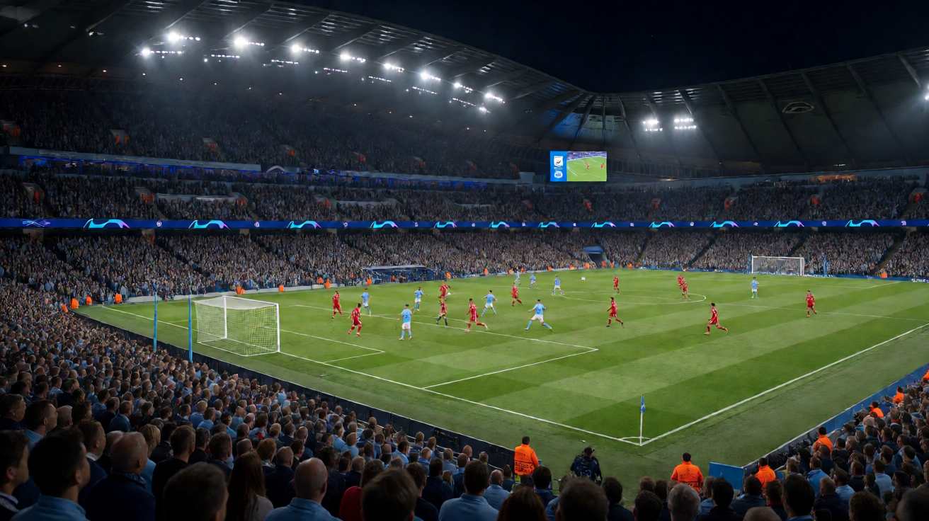 夜间体育场灯光下的足球比赛现场